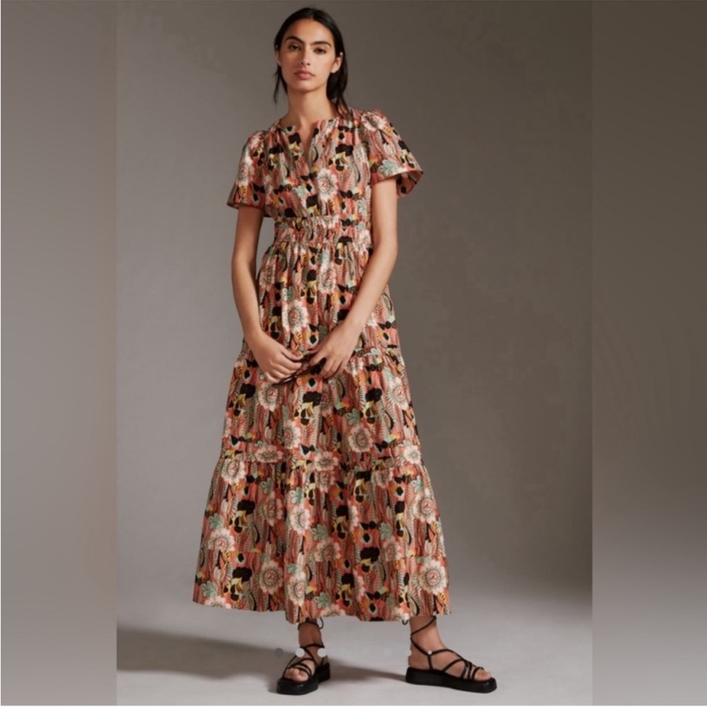 Anthropologie coral Tiered Maxi Sundress